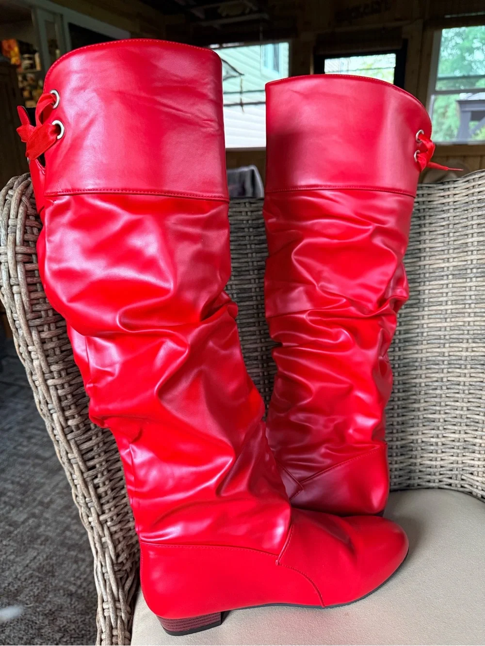 Glossy Red Over-the-Knee Boots — Sleek Pull-On Style Halloween Costume